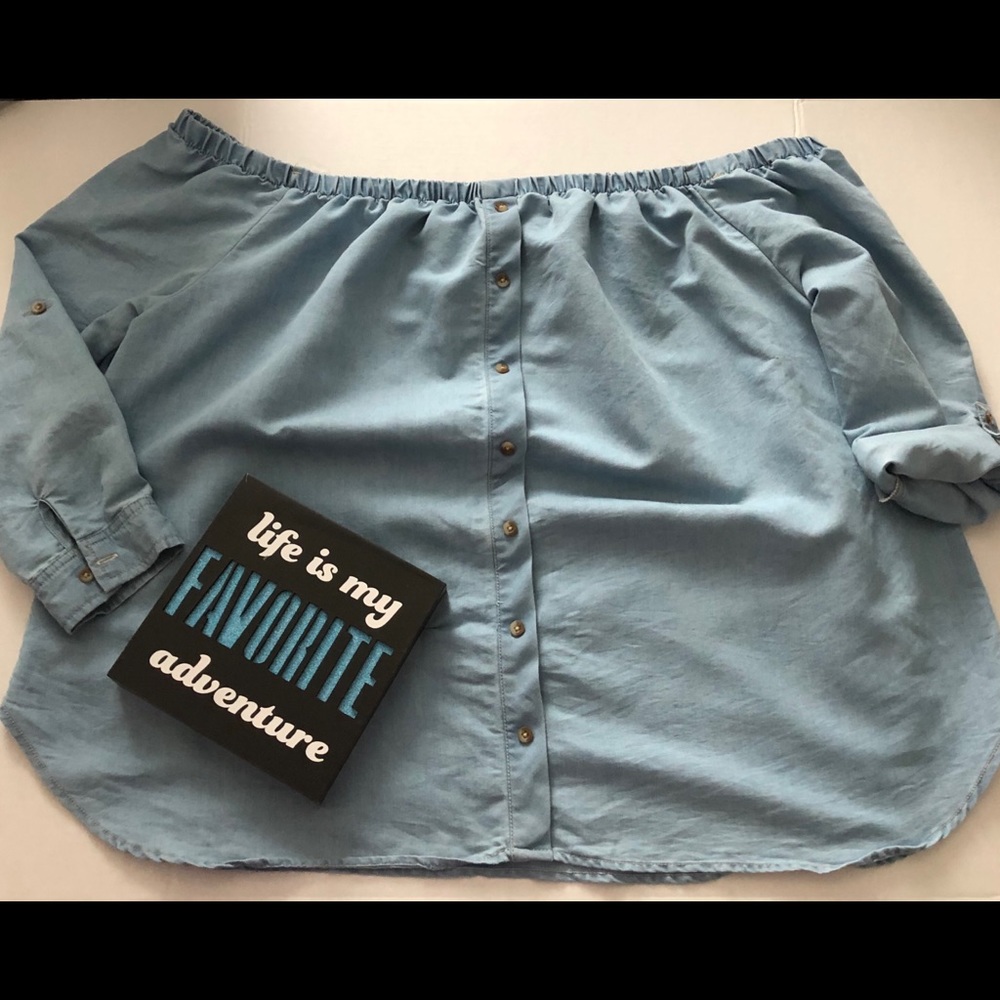 Rue+ Chambray Off Shoulder Button Down Top  f0112